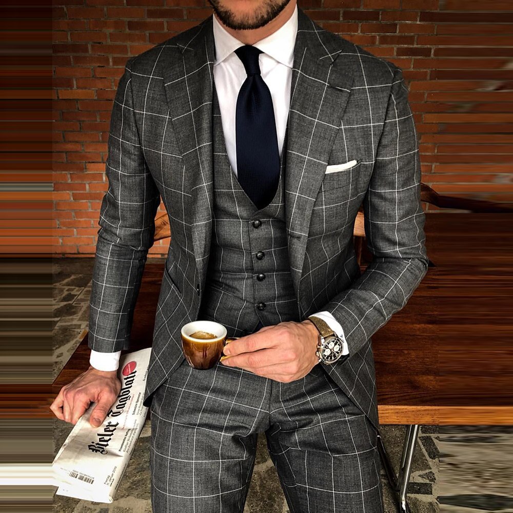 격자 무늬 남성 블레이저 클래식 양복 인쇄 짙은 회색 남성 비즈니스 캐주얼 자켓 패션 슬림 코트 가을 남성 의류 남성 블레이저